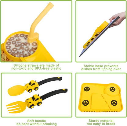 Construction Toddler Plates - Toddler Eating Utensil Set with Removable Straw - Toddler Utensils Set - Baby Plates Feeding Set - for Stocking Stuffers and Birthday Gifts - Yellow