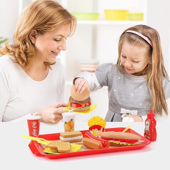 Pretend Play Food Set for Children,Removable Fast Food Playset with Tray Hamburger Hotdog Fries Combo,Play Kitchen Accessories Role Play Toys,Christmas Birthday Gift for Kids Boys Girls(15PCS)