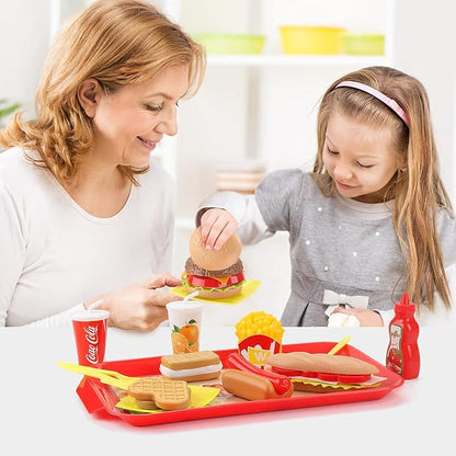 Pretend Play Food Set for Children,Removable Fast Food Playset with Tray Hamburger Hotdog Fries Combo,Play Kitchen Accessories Role Play Toys,Christmas Birthday Gift for Kids Boys Girls(15PCS)