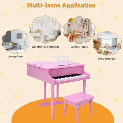 GLACER Classical Kids Piano, 30 Keys Wood Toy Grand Piano w/Bench Music Stand Full-Size Keys, Charming Tones & Sounds, Musical Instrument Educational Toy for Girls and Boys (3 Straight Leg-Pink)