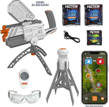 Faction Sentinel Remote-Controlled Turret Gel Blaster (Cloud Enabled, Multiplayer Bluetooth App Play) w/Night Tracer Tech, 500 Glow Rounds, Target Practice Beacon, 10k Blue Rounds, Protective Eyewear
