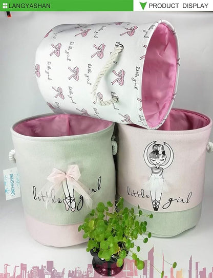 LANGYASHAN Laundry Basket Canvas Collapsible Organizer Storage Basket for Boys Girls Laundry Hamper Toy Bins Gift Baskets Bedroom Clothes Children Nursery (Pink Lace)