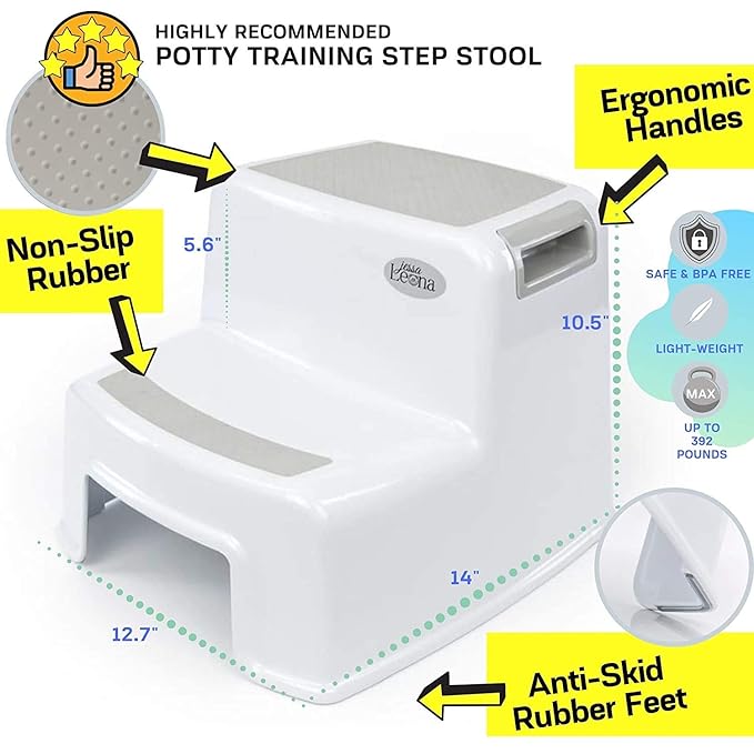 Dual Height 2 Step Stool for Kids | Slip Resistant Soft Grip Toddler's Stool for Potty Training and Use in The Bathroom or Kitchen | BPA Free for Comfort and Safety (1 Pack, Grey)
