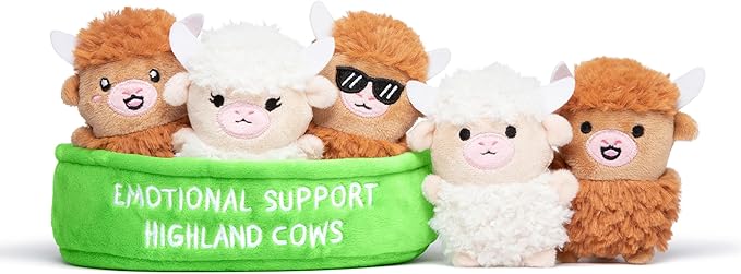 Emotional Support Highland Cows by Relatable, Cuddly Stuffed Animals and Plushies Set, Small Gifts for Mom, Includes 5 Highland Cows Plush Toys with Carrying Basket, for Mom