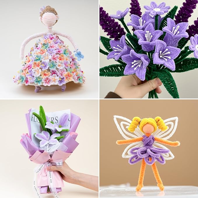 Caydo 300 Pieces Purple Pipe Cleaners, Thick Fluffy Chenille Stems, Pipe Cleaner Crafts for Arts & Crafts, Perfect for Making Animals, Flowers, and Mother's Day Decorations