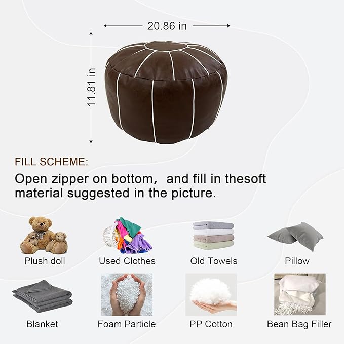 Louis Donné Unstuffed Pouf Ottoman Cover, Handmade Moroccan Foot Stool for Foot Rest, Round Faux Leather Small Bean Bag with Storage Solution, Floor Pouffe Footstool for Living Room, Bedroom Balcony