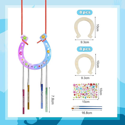 Fennoral 16 Pack Wind Chime Kit for Kids Make Your Own Horseshoe Wind Chime Wooden Arts and Crafts for Girls Boys Ornaments DIY Coloring Horseshoes Craft for Art Activity Birthday Supplies