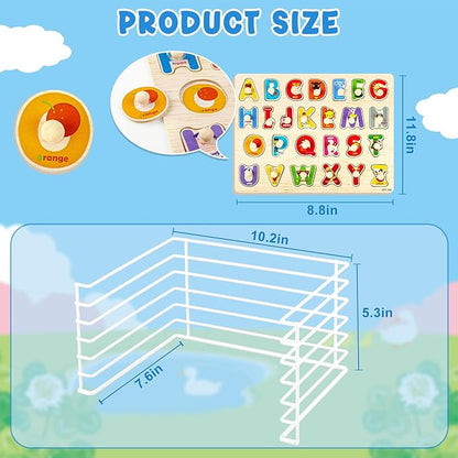 6 Pack Wooden Puzzles for Toddlers, Peg Toddler Puzzles Include Alphabet Number Shape Animals Vehicle Farm Puzzles with Storage Rack Preschool Educational Learning Toys for 1 2 3 4 5 Boys Girls