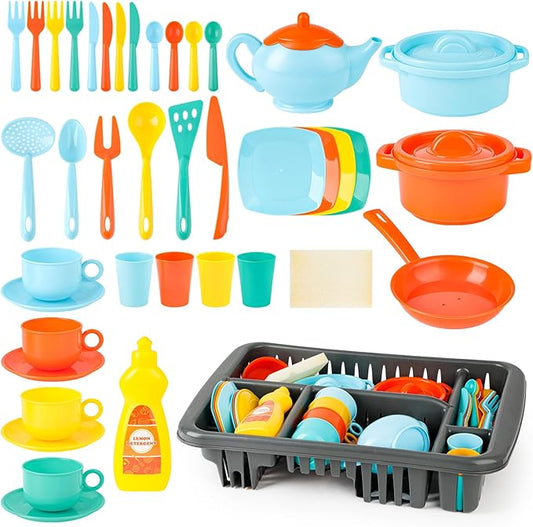 deAO 41PCS Kids Play Dishes Durable Pretend Play Kitchen Set for Kids Children Tableware Dishes Playset with Drainer - Play Kitchen Accessories for Girls Boys Kids