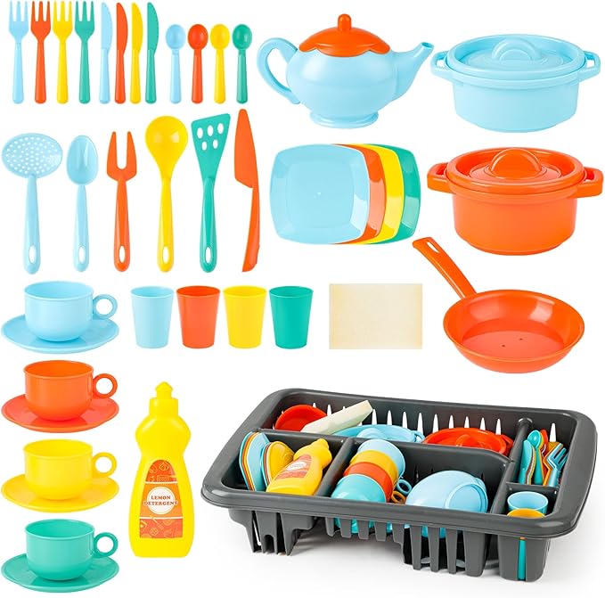 deAO 41PCS Kids Play Dishes Durable Pretend Play Kitchen Set for Kids Children Tableware Dishes Playset with Drainer - Play Kitchen Accessories for Girls Boys Kids