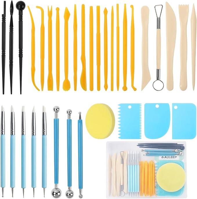 AULEEP Clay Tools Kit, 35 PCS Pottery Tools Set - Polymer Clay Sculpting Tools for Adults & Beginners, Air Dry Clay Tools for Pottery Craft, Drawing, Dotting, Carving, Embossing, Molding, Shaping ﻿