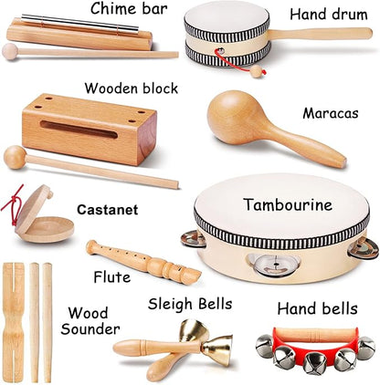 LOOIKOOS Toddler Musical Instruments, Eco Friendly Music Set for Kids Preschool Educational, Natural Wooden Percussion Instruments Musical Toys for Boys and Girls with Storage Bag