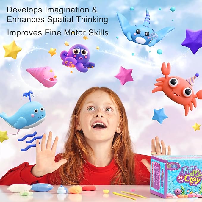 FlyFlag Air Dry Clay Kit - 24 Colors, Soft & Ultra Light, Modeling Clay for Kids with Accessories, Tools and Tutorials