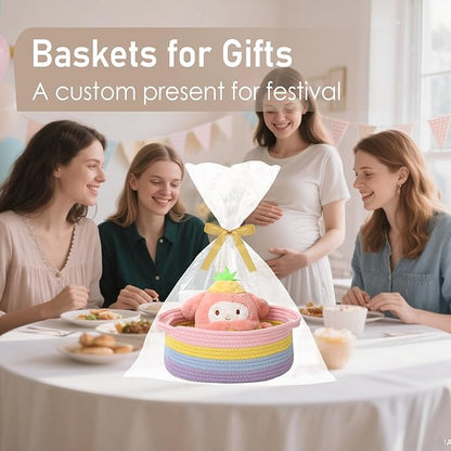 JMvicyroam Woven Basket,Small Rope Storage Bin with Handles & Ribbon Bag, Organizer for Shelves Closets,Gift Basket Empty for Birthday,Books,Dog Toys, Rainbow