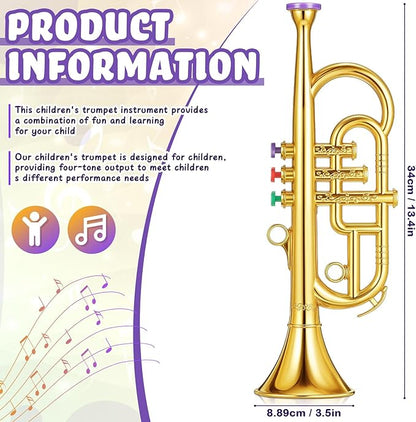 Lewtemi Gold Three-Valve Trumpet Musical Instruments Toy for Kid Toddler Fake Plastic Preschool Music Toy Gift Portable Wind Instrument Early Educational Teaching Songs Gifts for Toddlers Children
