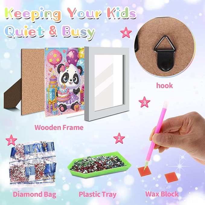 ajepon Diamond Art for Kids with Frame-Panda Kids Diamond Painting Kits,Animal Diamond Painting Kits for Kids 8-12 Full Drill Gem Art for Home Decor 7x7inch