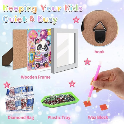 ajepon Diamond Art for Kids with Frame-Panda Kids Diamond Painting Kits,Animal Diamond Painting Kits for Kids 8-12 Full Drill Gem Art for Home Decor 7x7inch