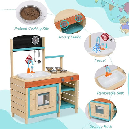 Mud Kitchen for Kids Outdoor - Kids Outdoor Play Kitchen Playset with Cookware Accessories - Perfect for Chef Pretend Play