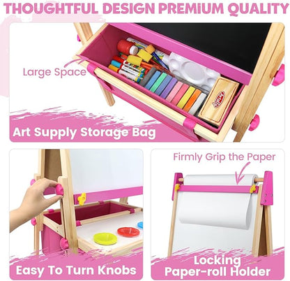 Art Easel for Kids Easel for Toddlers, Adjustable Wooden Kids Drawing Easel with Magnetic Whiteboard & Chalkboard, Kids Dry Erase Board, Easel for Kids Ages 3 4-8 9-12, Pink w/Bag