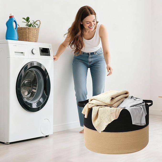 65L Extra Large Woven Cotton Rope Blanket Basket with Handles, Laundry Hamper Storage Bin for Pillows, Comforters,Clothes, Toys, Nursery, Bedroom and Living Room Organization,Black&Camel
