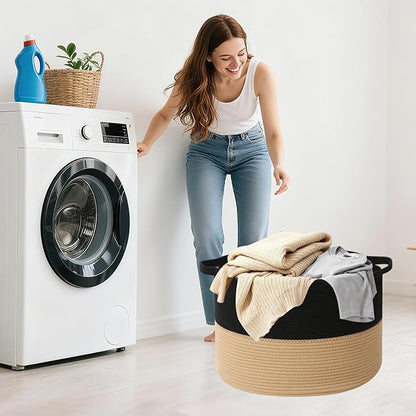 65L Extra Large Woven Cotton Rope Blanket Basket with Handles, Laundry Hamper Storage Bin for Pillows, Comforters,Clothes, Toys, Nursery, Bedroom and Living Room Organization,Black&Camel