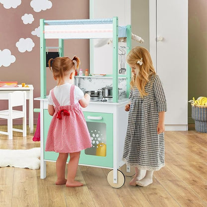 HONEY JOY Kids Kitchen Playset with Lights, Double Side Little Chef Play Kitchen for Toddler & Grocery Store, Cookware, Sink, Storage Cabinet, Wooden Pretend Play Toy Kitchen Cart with Wheels, Green