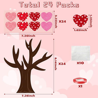 Haooryx Valentine’s Paper Craft Kits - 24-Piece Valentine’s Day Heart Tree Craft Kit DIY Hanging Ornaments with Heart Cards Red Ribbon Glue Points Kids' Classroom Activities Home Decor Exchange Gifts