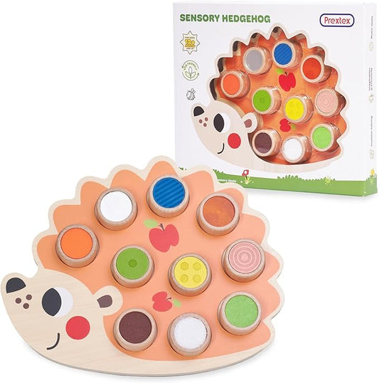 PREXTEX Sensory Hedgehog Toys for Toddlers - Montessori Color Sorting Toys - Includes 1 Wooden Board and 10 Colored Sensory Blocks - for Ages 12 Months and Up - Educational Toy - 1.5x12.9x10.7 in