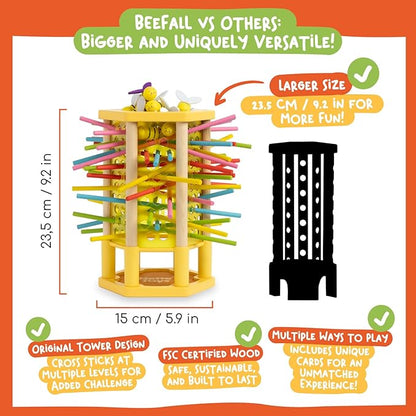 Nene Toys BeeFall, 4-in-1 Wooden Honey Bee Toy for Kids Ages 3-9 - Educational Game with Wooden Honeybee Hive, 12 Bees, Colorful Sticks, Dice & Cards - Fun Family Game for Cognitive Development