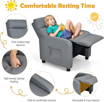 Costzon Kids Recliner, Adjustable PU Leather Lounge Chair w/Side Pockets, Footrest, Headrest for Kids Room & Play Room, Easy to Clean, Padded Recliner Sofa for Children Boys Girls Aged 3-12 (Grey)