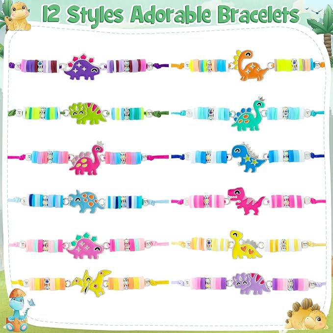 12 Pcs Kids Bracelet for Girls Toddler Jewelry Dinosaur Party Favors Supplies Friendship Bracelets Adjustable Pretend Play Boy Princess Dino Goodie Bag Classroom Reward