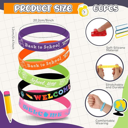 Libima 60 Pcs Welcome Back to School Bracelets Bulk Back to School Rubber Bracelets First Day of School Silicone Wristbands Back to School Gifts Goodie Bags Favors Class Rewards Party Supplies