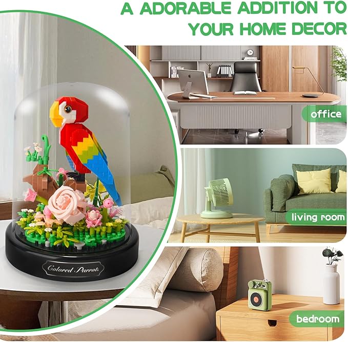 Topdear Flower Parrot Bouquet Building Set with LED String Light and Dust Cover, 551 Pcs Animals Flower Mini Bricks Building Blocks Toy for Kids, Adults, Gift for Mother's Day, Christmas(Red)