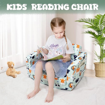Kids Sofa, Comfy 2-in-1 Toddler Couch Fold Out, Convertible Sofa to Toddler Lounge Chair for Boys and Girls (Animal, Green)