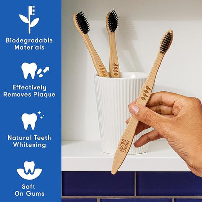 Bamboo Charcoal Toothbrush with Travel Case & Holder Kit - Extra Soft Natural Bristles for Sensitive Teeth | Eco Friendly Portable Wooden Travel Set | Single Wood Toothbrushes Stand & Cover