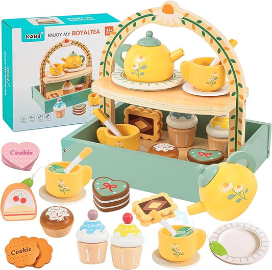 Tea Party Set，Tea Sets for Toddlers 3-5，Kids Tea Set with Dessert Cookies & Cake Stand, Non-Toxic Wooden Tea Party Set，Pretend Play Toys Toddler Tea Set for Girls Birthday Gifts