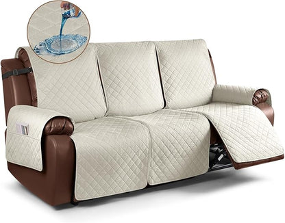 KinCam Waterproof Recliner Sofa Cover, Non-Slip Reclining Couch Covers for 3 Seat, Recliner Couch Cover Furniture Protector with Elastic Straps for Pets, Kids, Ivory