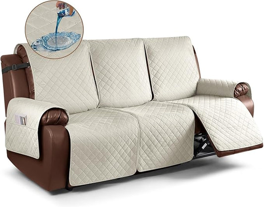 KinCam Waterproof Recliner Sofa Cover, Non-Slip Reclining Couch Covers for 3 Seat, Recliner Couch Cover Furniture Protector with Elastic Straps for Pets, Kids, Ivory
