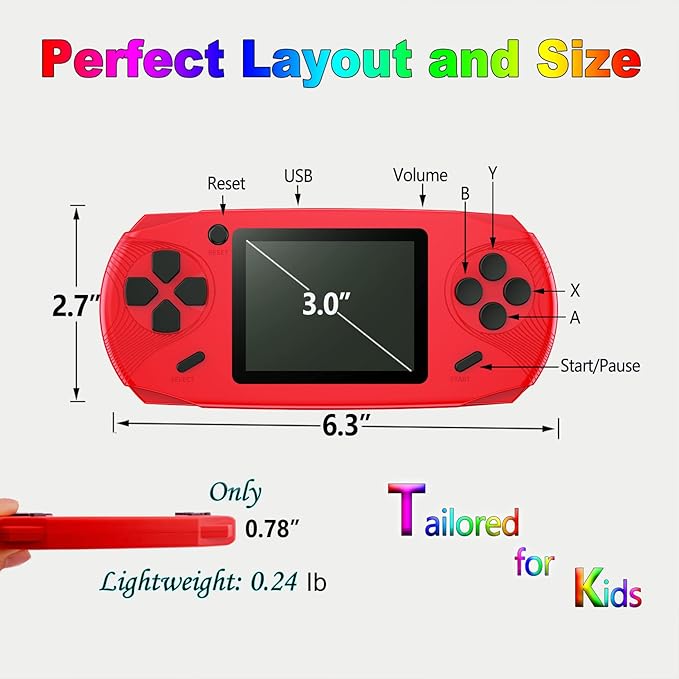 16 Bit Handheld Games for Kids Adults 3.0'' Large Screen Preloaded 100 HD Classic Retro Video Games USB Rechargeable Seniors Electronic Game Player Birthday Xmas Present (Red)