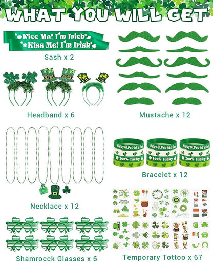 117Pcs St. Patrick's Day Party Favors Supplies Include Necklace, Shamrock Shutter Shades Glasses, Tattoos, Mustache, Bracelets, Kiss Me I'm Irish Sash for Kids St Patrick's Day Party Accessories Decor