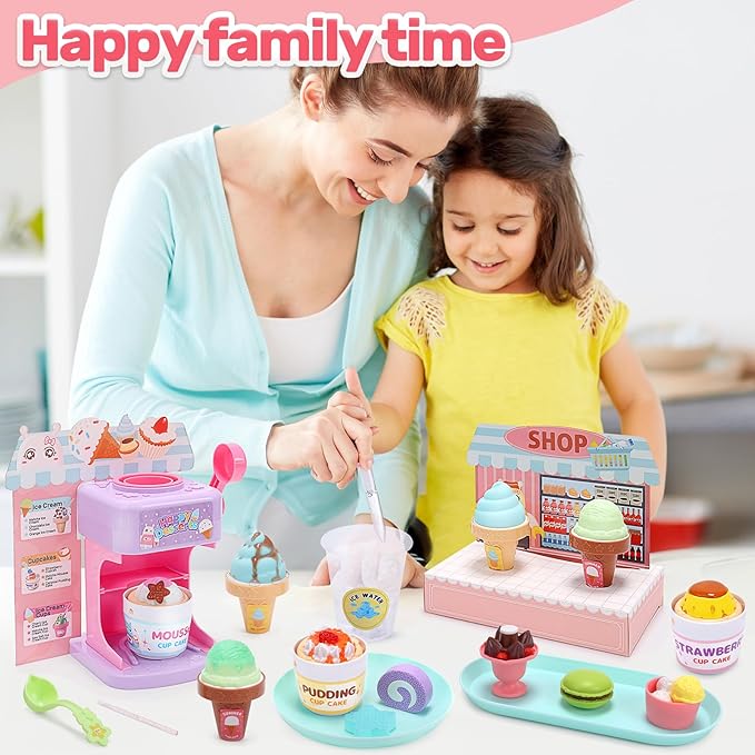 CUTE STONE Color Changing Ice Cream Play Set, Tea Party Set for Little Girls with Toy Ice Cream, Play Desserts, Play Food and Accessories，Kids Kitchen Pretend Play for Girls Boys