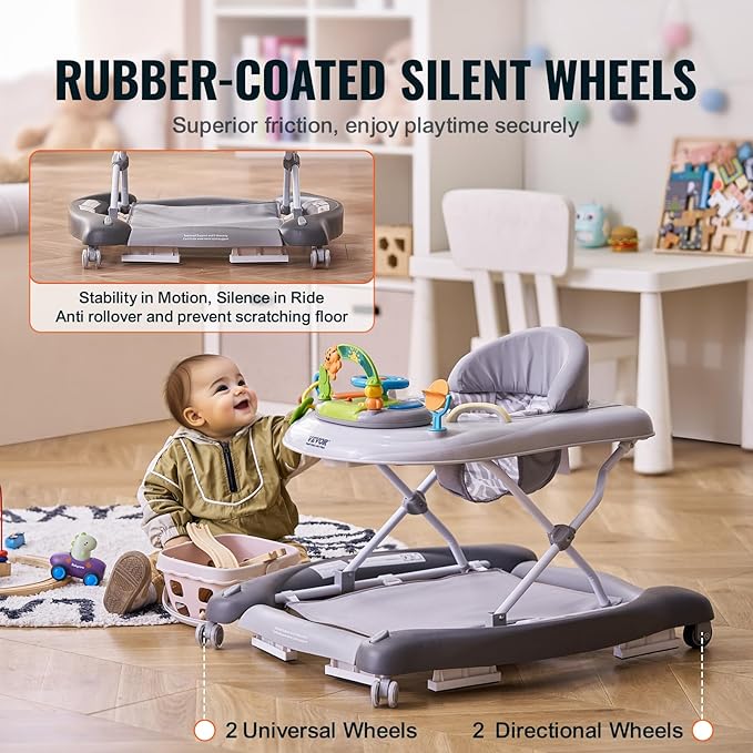 VEVOR 4-in-1 Baby Walker, Foldable Baby Activity Center with Wheels, 3 Adjustable Height, Music & Toys Tray, Learning-Seated | Walk-Behind | Rocker | Bouncer Toddler Walker for Boys Girls 6-24 Months