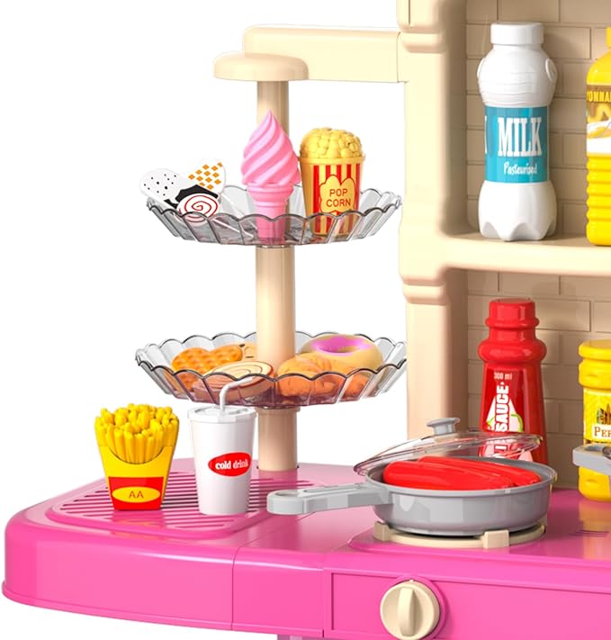 Kids Play Kitchen Playset for Toddlers Girls, Toy Kitchen Sets Pretend Play Food Toy with Chair for Girls Kids Ages 3-8, with Light Sound Spray