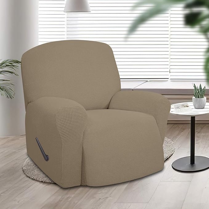 Easy-Going Recliner Stretch Sofa Slipcover Sofa Cover 1 Piece Furniture Protector Couch Soft with Elastic Bottom Kids,Polyester Spandex Jacquard Fabric Small Checks(Oversize Recliner,Natural)