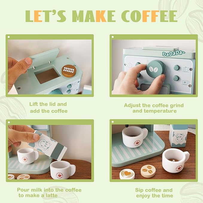 Kids Wooden Coffee Maker Toy Montessori Pretend Play Food Kitchen Accessories,Play Coffee Maker Set for Kids,Espresso Machine Playset Montessori Kitchen Toy for 3 4 5 Year Old Girls&Boys(14 Pcs)