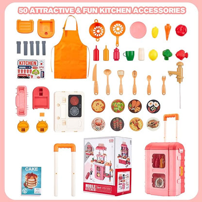 3 in 1 Play Kitchen for Toddlers-GEIYATOI,Kids Kitchen Playset with Travel Suitcase, 50 PCS Toy Kitchen Set,Realistic Cooking Accessories,Sounds,Light,Running Water,Great Kitchen Set for Toddlers