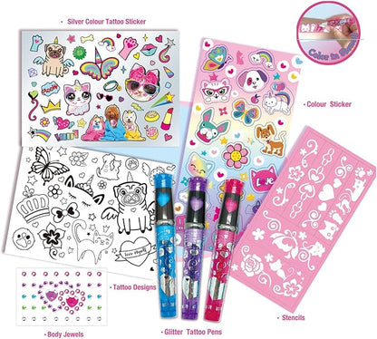 Kids Makeup Set Glitz Fun Tattoo DIY Set Glitter Tattoo Sets Playing Sticker Stencil Set Kids Toys for Birthday Gifts