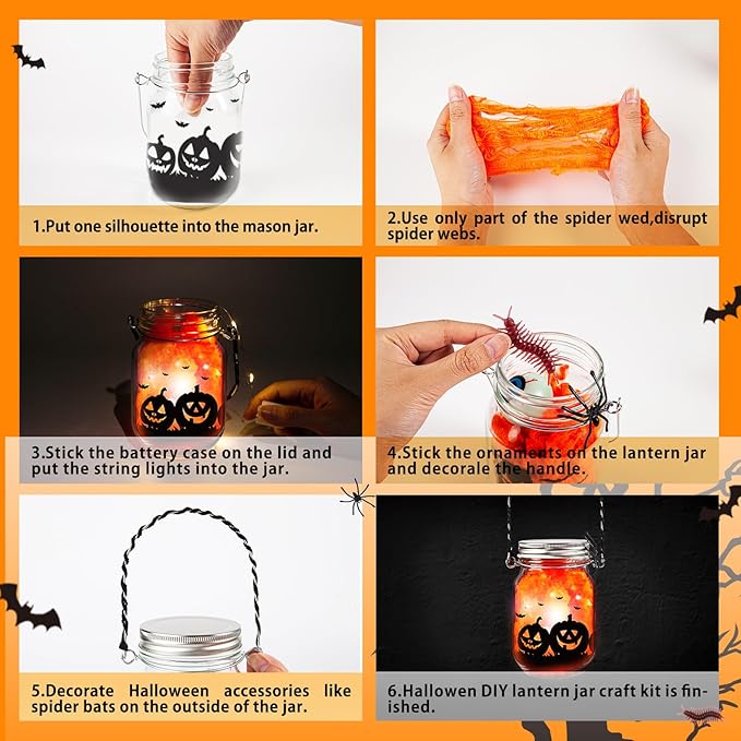 Shemira Halloween Craft Kit for Kids, 8 pcs Glass Mason Jar with Accessories for DIY Lantern Jar, Halloween Art & Craft Party Supplies, Halloween Art Activities,Halloween Craft and Art Party Supplies