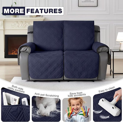 TAOCOCO 100% Waterproof Loveseat Recliner Cover, Non Slip Split Loveseat Covers for Reclining Loveseat with Elastic Straps, Washable Recliner Chair/Furniture Protector for Pets(2 Seater, Navy Blue)