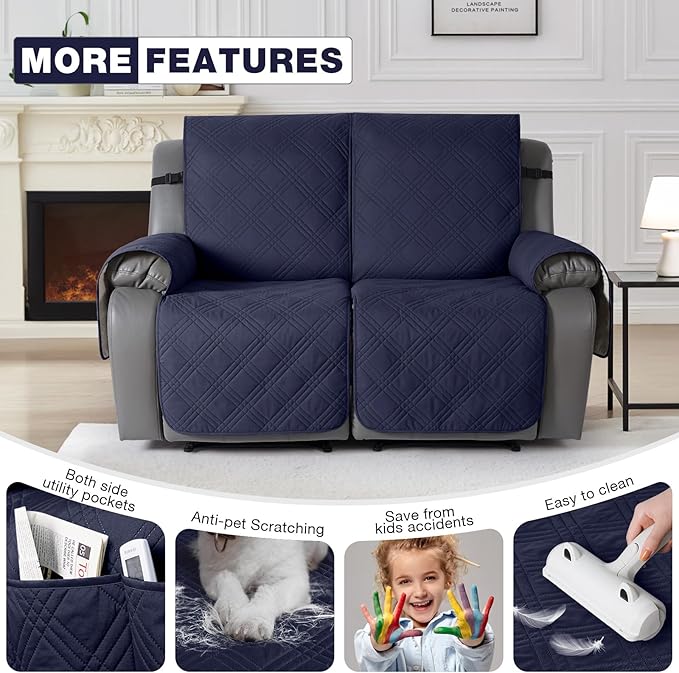 TAOCOCO 100% Waterproof Oversized Loveseat Recliner Cover, Non Slip Split Loveseat Covers for Reclining Loveseat with Elastic Straps for Kids Pets(Oversized 2 Seater, Navy Blue)